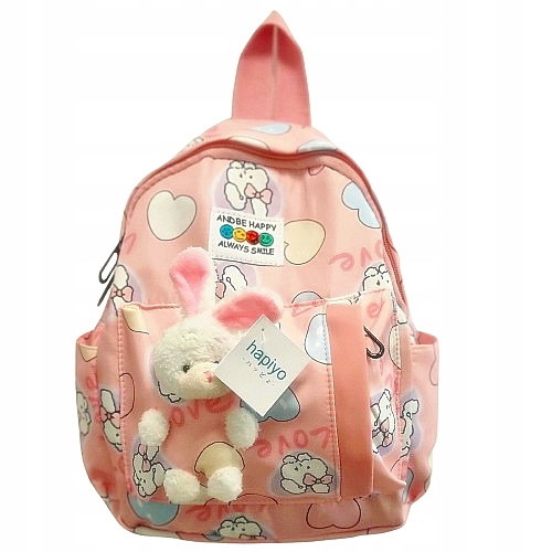 Charming Pink Backpack with Plush Bunny Design, Adjustable Straps, and Multiple Compartments