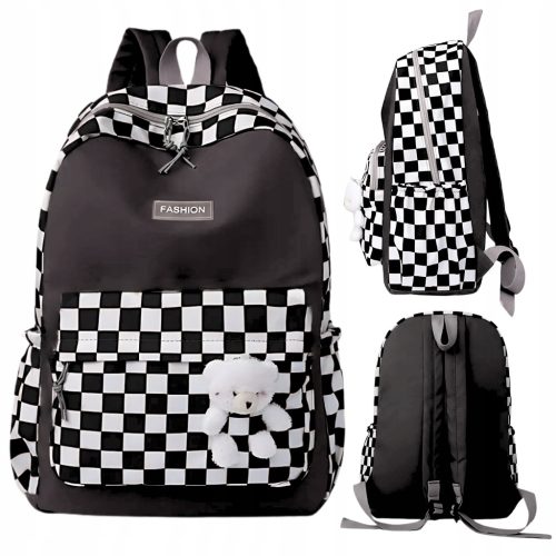 Stylish Black and White Checkered School Backpack for Grades 4-6 with Plush Bear Charm