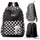 Stylish Black and White Checkered School Backpack for Grades 4-6 with Plush Bear Charm