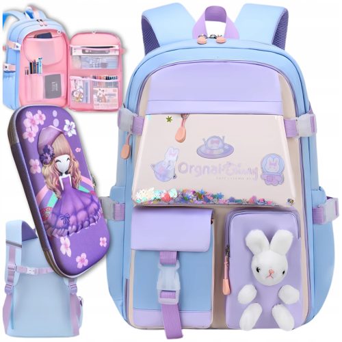 Stylish A4 Large Teen School Backpack with Free Pencil Case & Bear - Blue & Purple