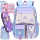 Stylish A4 Large Teen School Backpack with Free Pencil Case & Bear - Blue & Purple