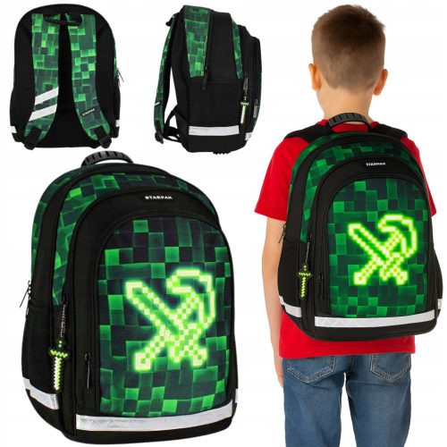 Pixel Green Youth School Backpack 23L - Minecraft Style Multi-Compartment