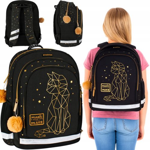 Stylish Black and Gold Cat School Backpack for Girls, Grades 1-3