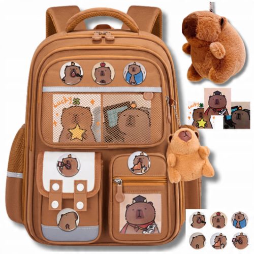 Kids' Capybara Themed School Backpack with Keychain Mascot and Accessories