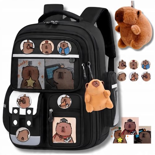 Capibara School Backpack Set with Mascot Keychain, Pins & Cards - Ideal for Kids