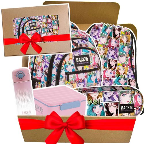 BackUP Manga School Set 5 pcs - Kawaii Style with Pastel Bottle and Lunchbox!