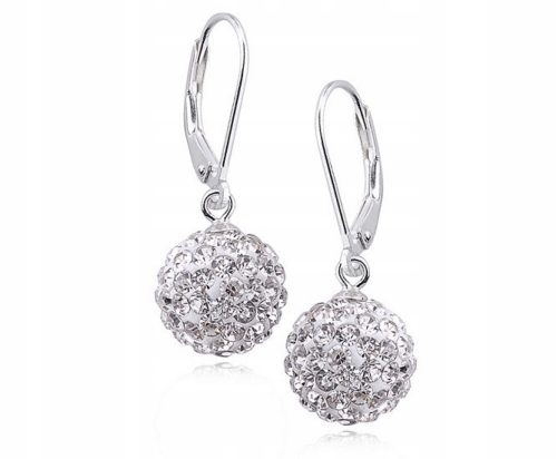  HANGING SILVER BALL EARRINGS 10MM CRYSTAL BEADS WHITE