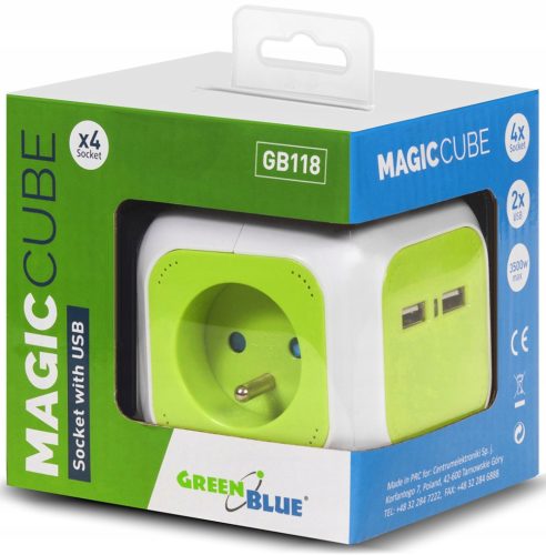 GreenBlue MagicCube GB118 power strip, 4 sockets, 1.4 m, green