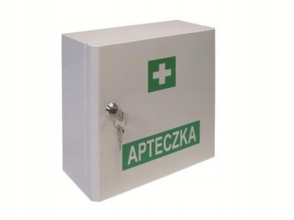 Hanging metal first aid kit with key and accessories