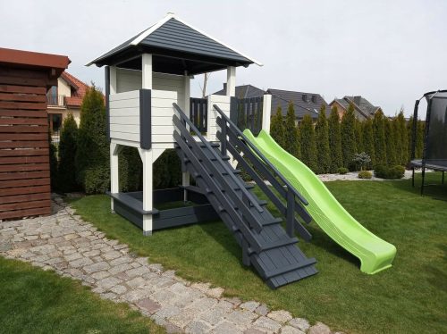PLAYGROUND, WOODEN HOUSE, SLIDE, SANDPIPE