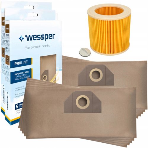  ProLine paper vacuum cleaner bags 10 pieces + Kärcher vacuum cleaner filter for KARCHER MV2 MV3 WD2 WD3 SE4001