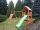 wooden playground, climbing table, house, slide