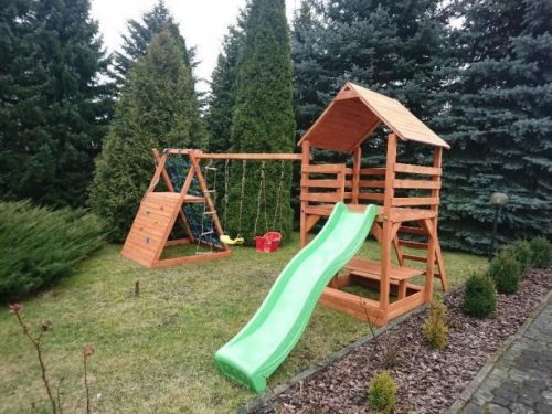 wooden playground, climbing table, house, slide