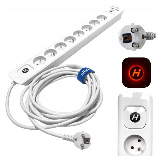 Hilark Surge Protector Strip Extension Cable, 5 m, 8 pcs. Sockets, White