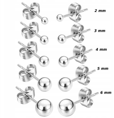  SILVER BALL EARRINGS 18 KRT SURGICAL STEEL 5 pairs 2,3,4,5,6 mm